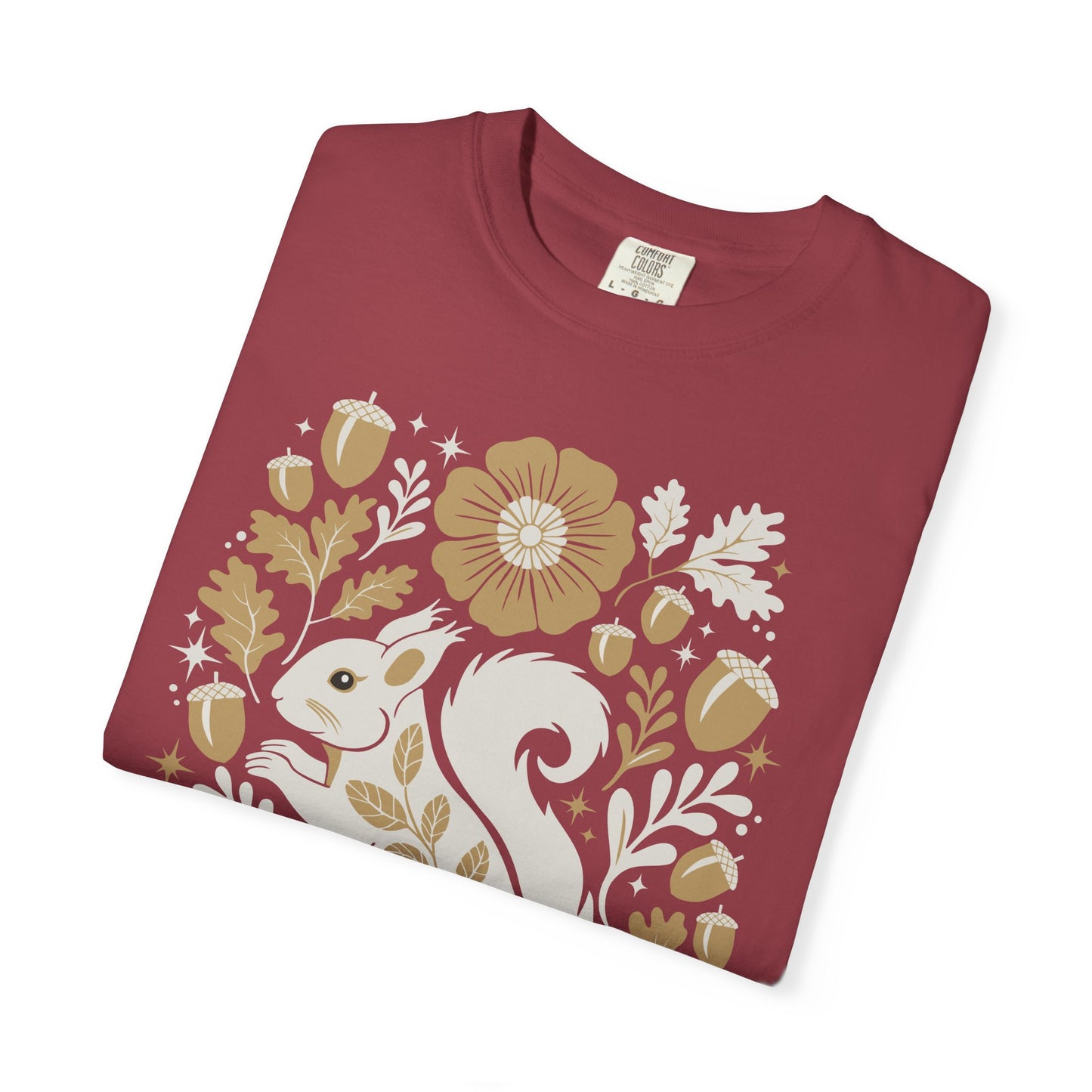 Woodland Squirrel Illustration T-shirt | Floral Acorn Oak Leaf Nature Design Squirrels Tee, 100% Cotton Short Sleeve Shirts