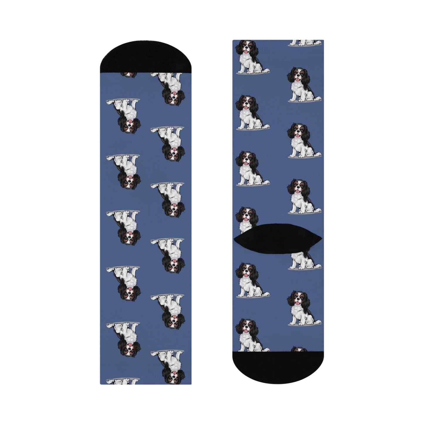 Charlie Tricolor Cavalier King Charles Spaniel Dog Pattern Blue Cushioned Crew Socks with Pet Dog Cavalier Puppy Print