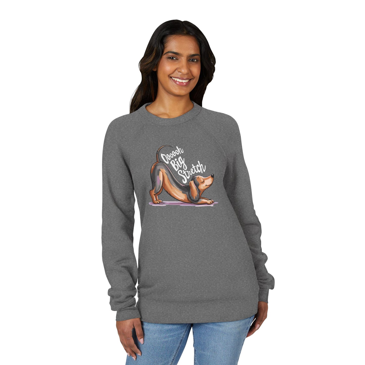 Ooohh Big Stretch Dachshund Wiener Dog Yoga Pose Sweatshirt | Raglan Fleece Sweatshirts, Long Sleeve Cozy Apparel