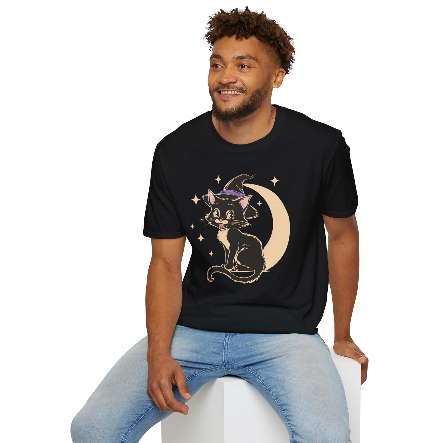 Witchy Kitty Softstyle T-Shirt - Halloween Graphic Tee with Black Cat and Witch Hat with Crescent Moon Print