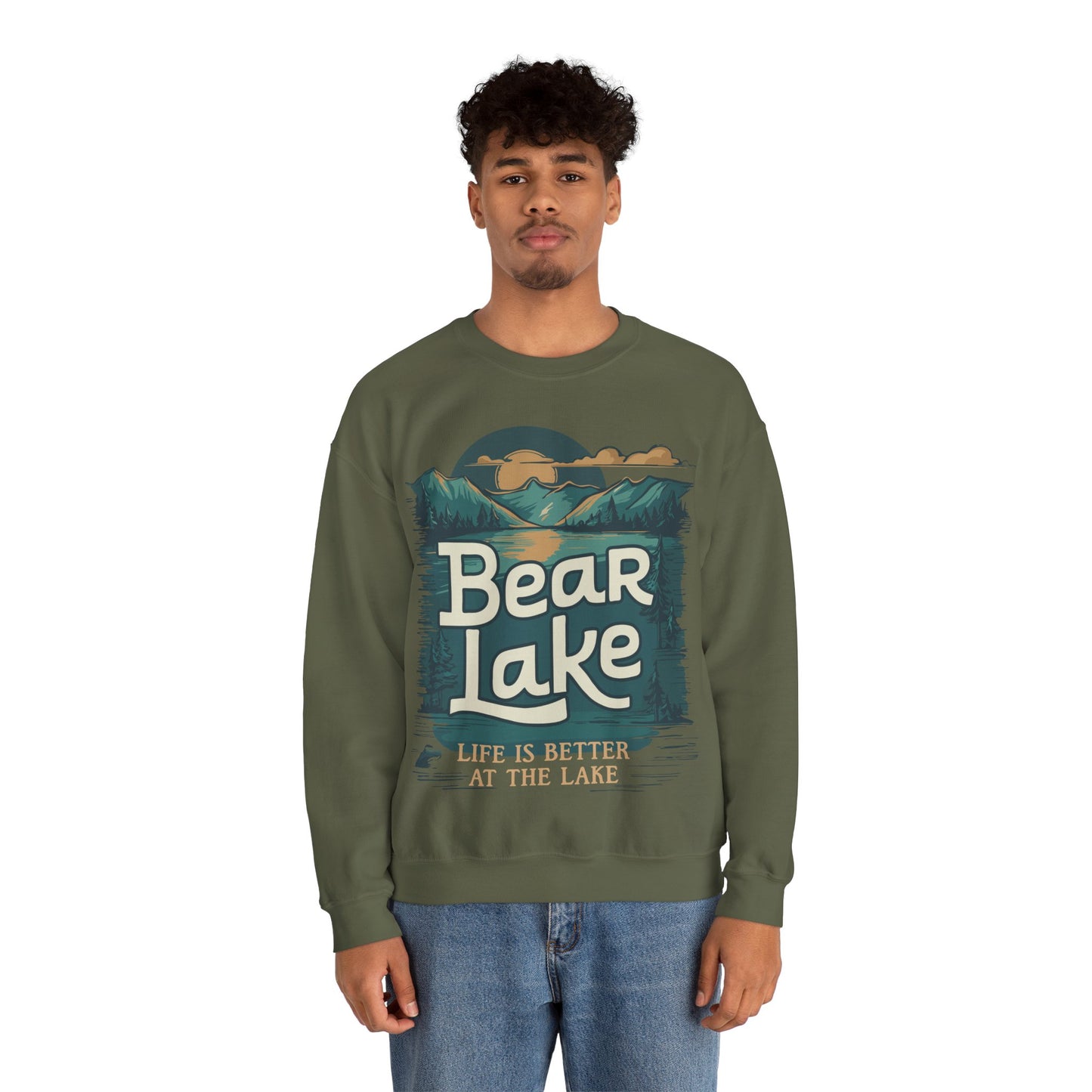 Bear Lake Scenic Mountain View Crewneck Sweatshirt with Utah Idaho Vacation Destination, Mens Womens Pullover Sweatshirts