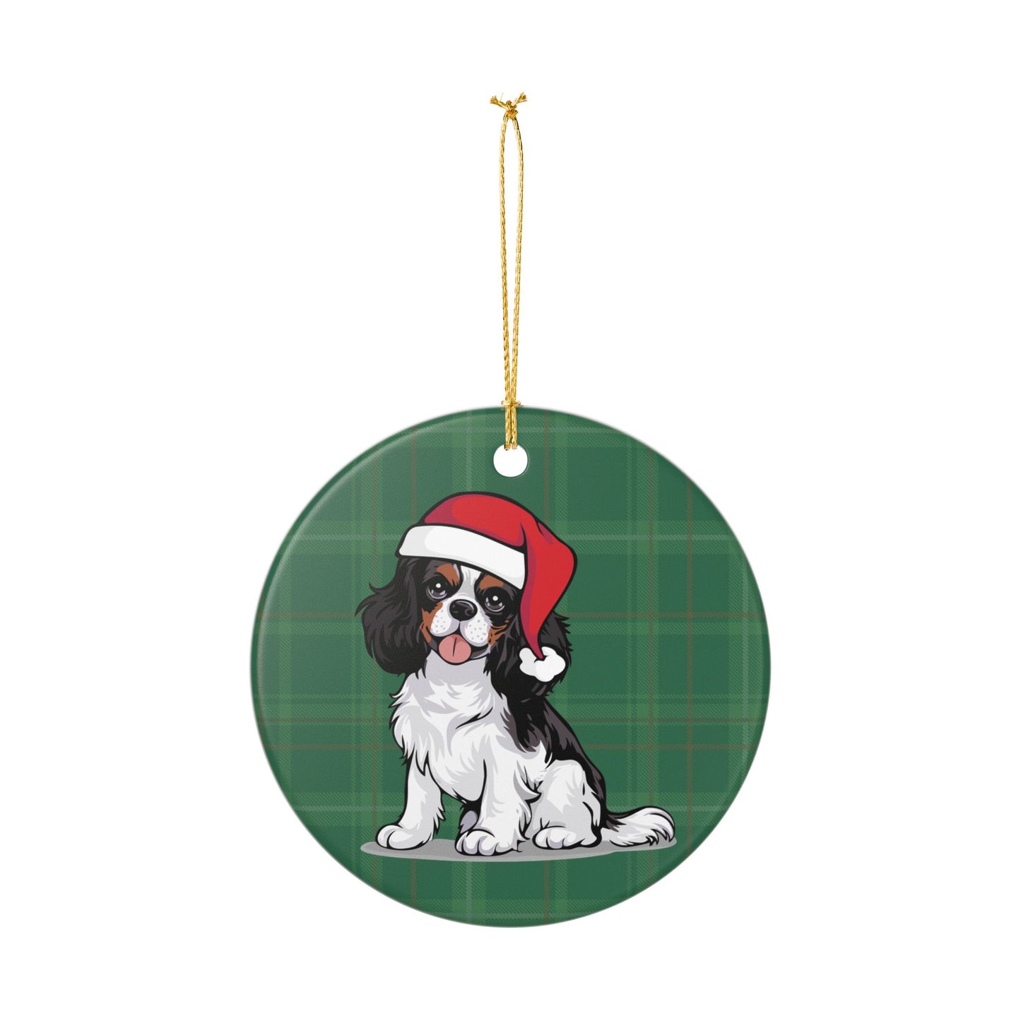 Cavalier King Charles Spaniel Dog Christmas Tree Ornament, Santa Dogs Holiday Decorations, Pet Lover Gift, Green Plaid Ceramic Ornaments