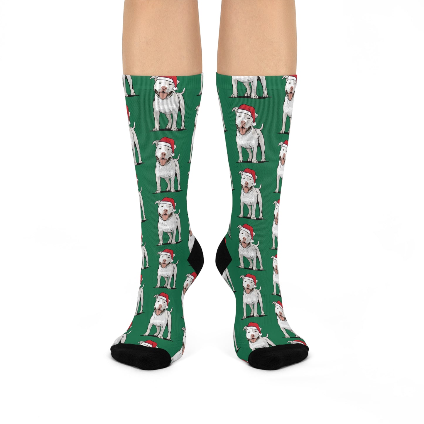 Christmas Santa Pitbull Dog Socks, Festive Green Novelty Crew Socks, Pit Bull Terrier Dogs Holiday Pet Owner Gifts, Cozy Winter Footwear