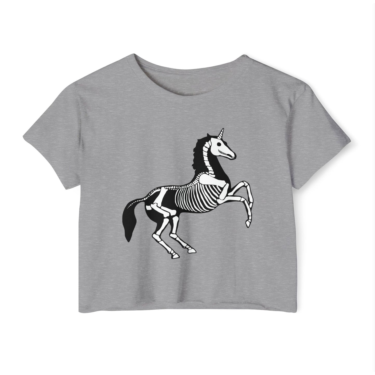 Unicorn Skeleton Crop Top, Halloween Cropped T-Shirt, Women's Fall Festival Clothing, Spooky Goth Tee, Gothic Unicorns Shirts