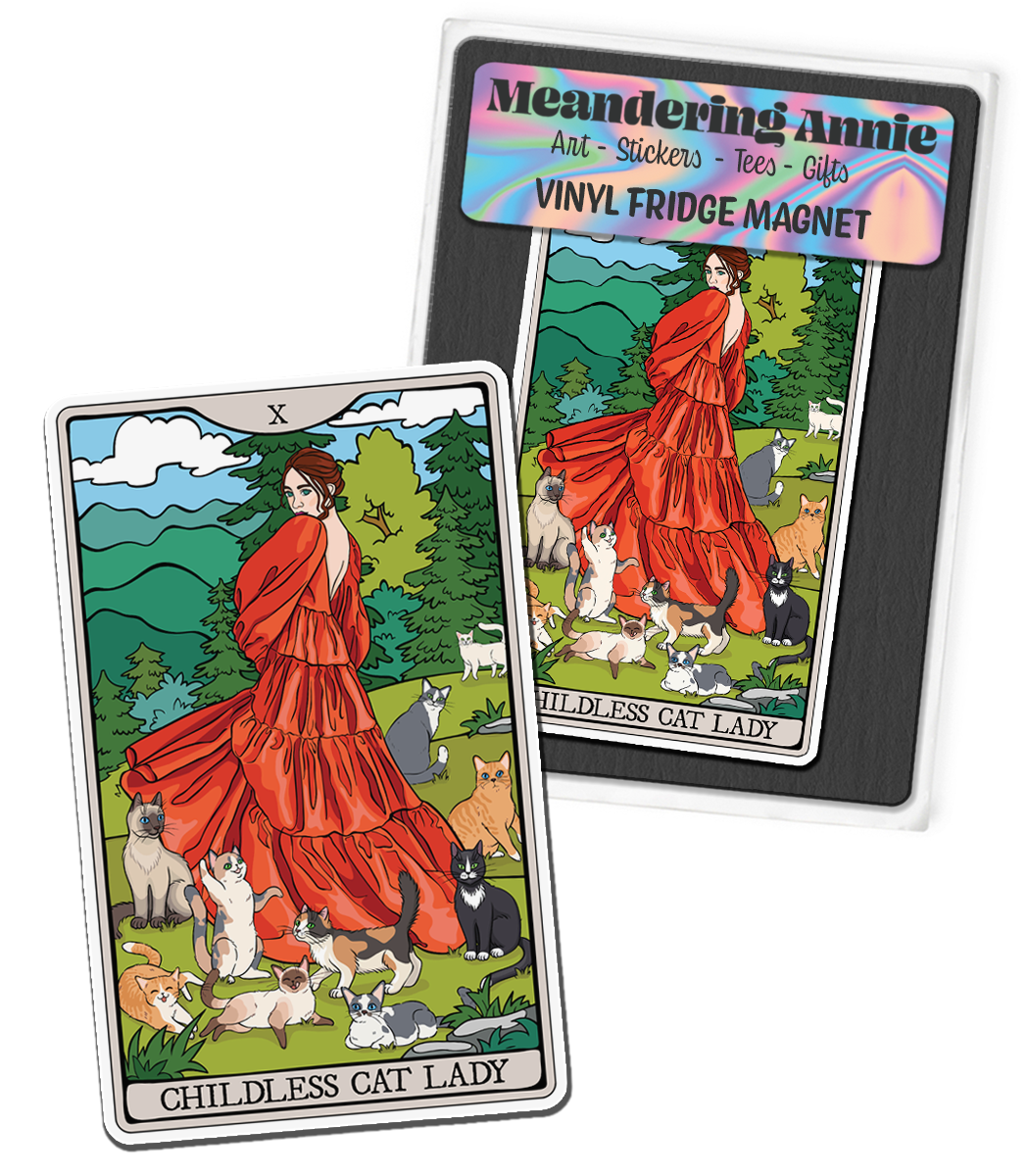 Childless Cat Lady Tarot Card Magnet - 4" Cat Ladies Vinyl Fridge Magnets Indoor Outdoor, Child-Free Woman & Cats
