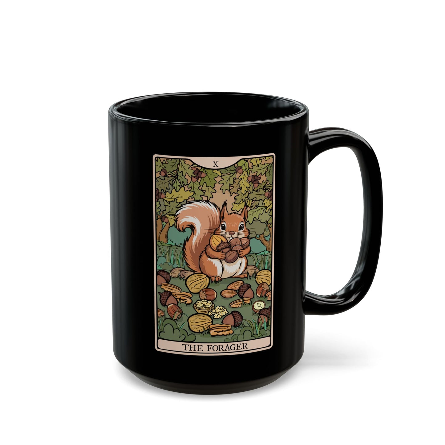 Forager Squirrel Tarot Card Coffee Mug | Black Ceramic Coffee Cup Foraging Squirrels and Nuts Artwork 15 Ounce Mugs