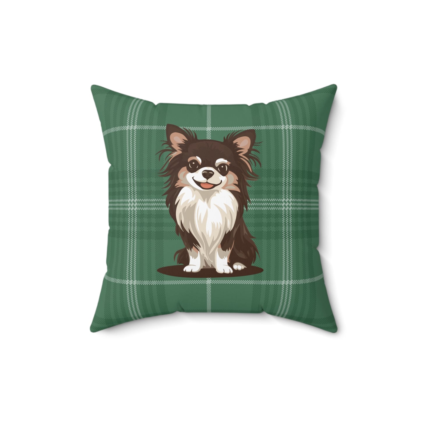 Long Haired Chihuahua Dogs Square Green Plaid Throw Pillow, Pet Owner Home Decor Pillows, Chihuahuas Dog Memorial Gifts