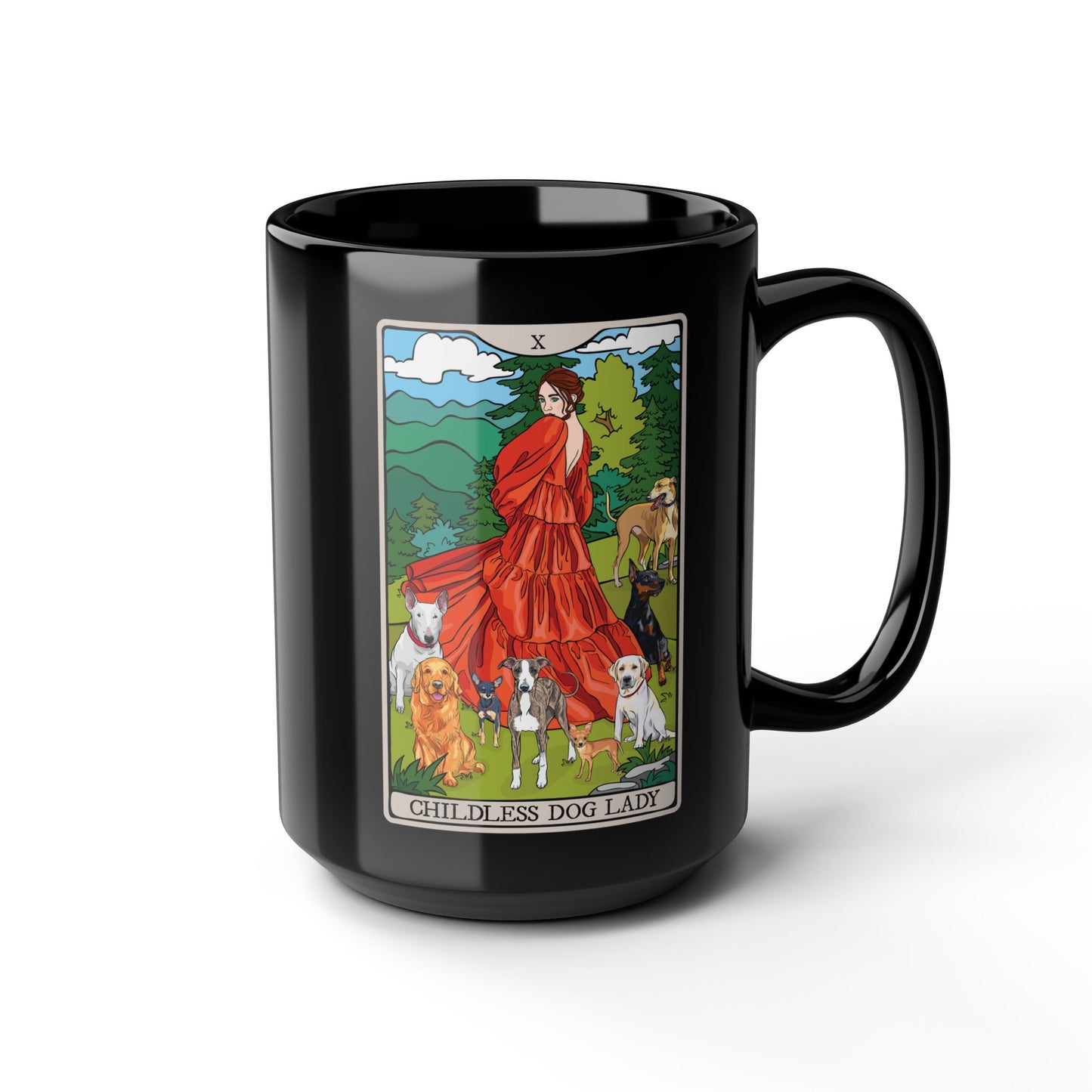Black Mug - Childless Dog Lady Tarot Card Ceramic Coffee Cup, 15oz - Dog Lover Gift, Woman with Dogs Mugs, Tarot Card Reader Gifts
