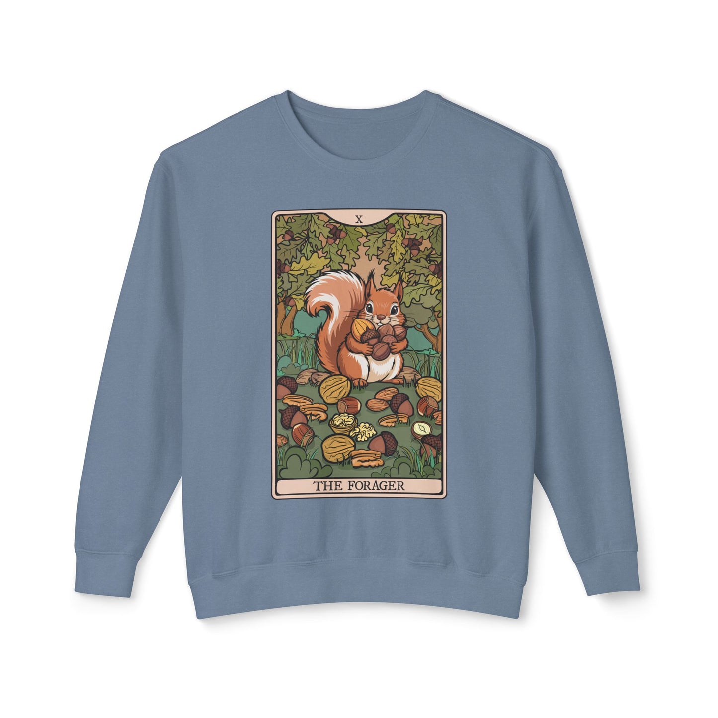 The Forager Squirrel Crewneck Sweatshirt | Autumn Woodland Tarot Card Squirrels and Nuts Illustration, Fall Lightweight Sweatshirts