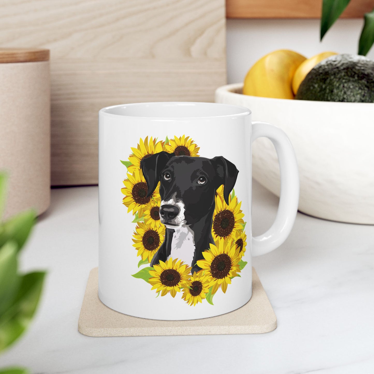 Marley Dog in Sunflowers Ceramic Coffee Mug 11oz - Black Lab Dog with Sunflower Art Print