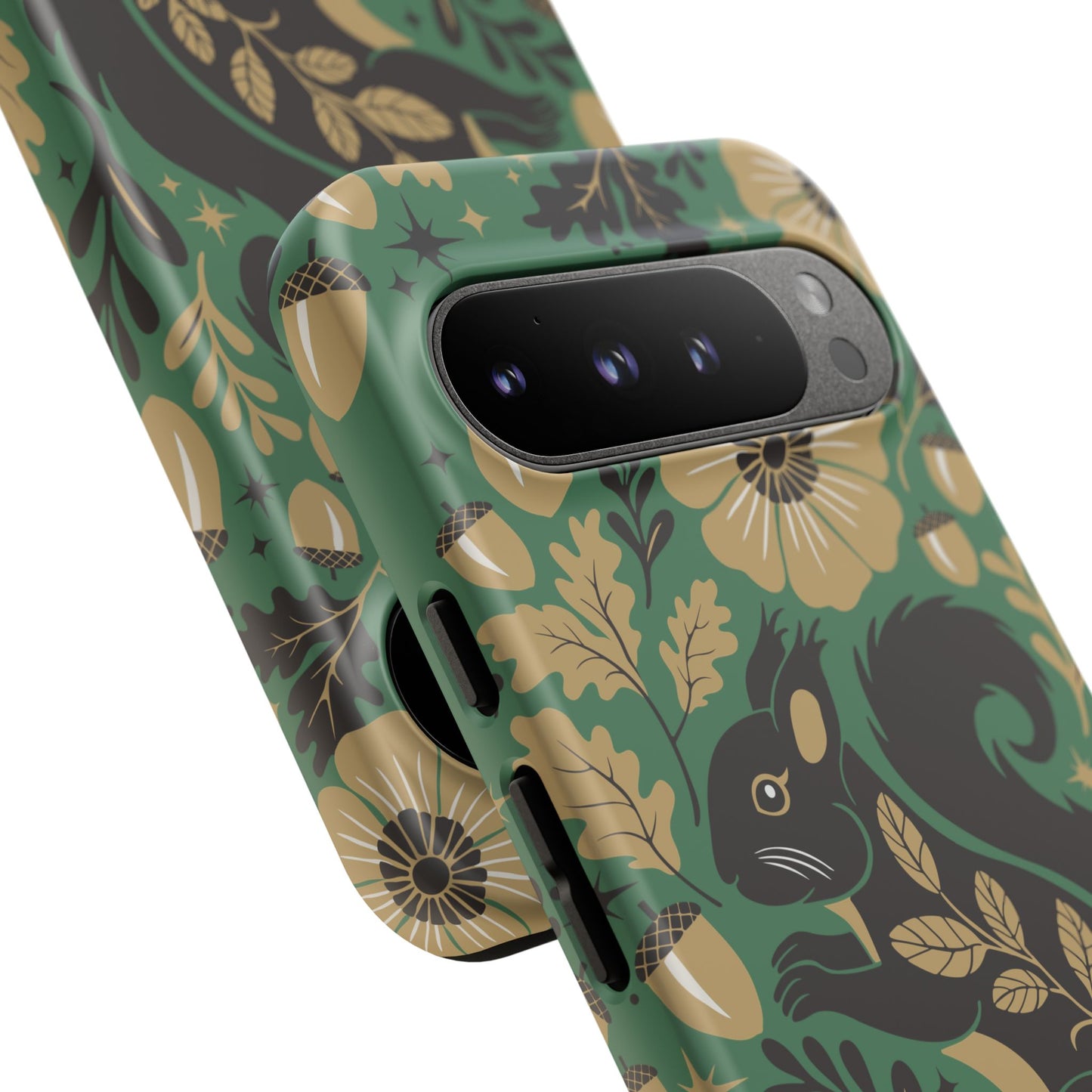 Green Squirrel Floral Pattern Cell Phone Case | Botanical Folk Art Acorn Leaves Design, Iphone Google Pixel Samsung Cases Matte Finish
