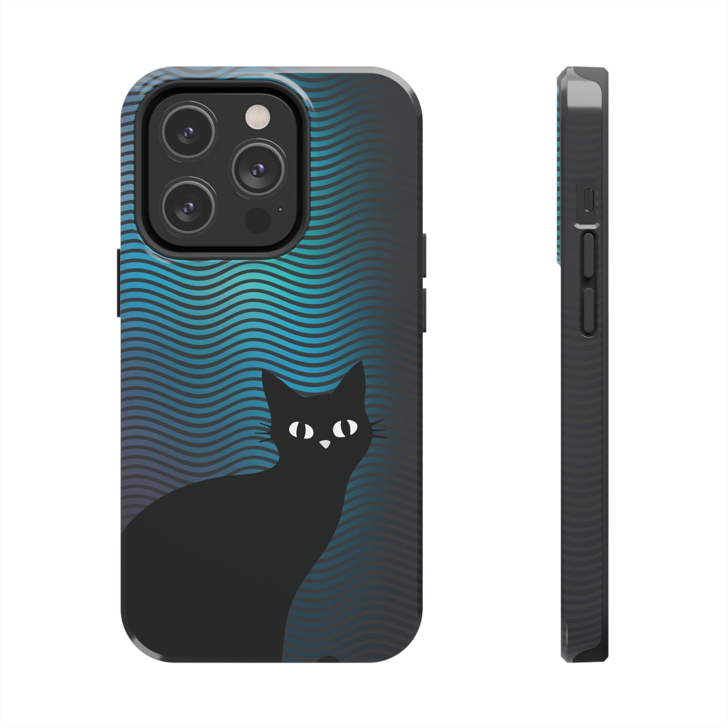Black Cat Cell Phone Case | Peeking Kitty Graphic on Wavy Teal Background