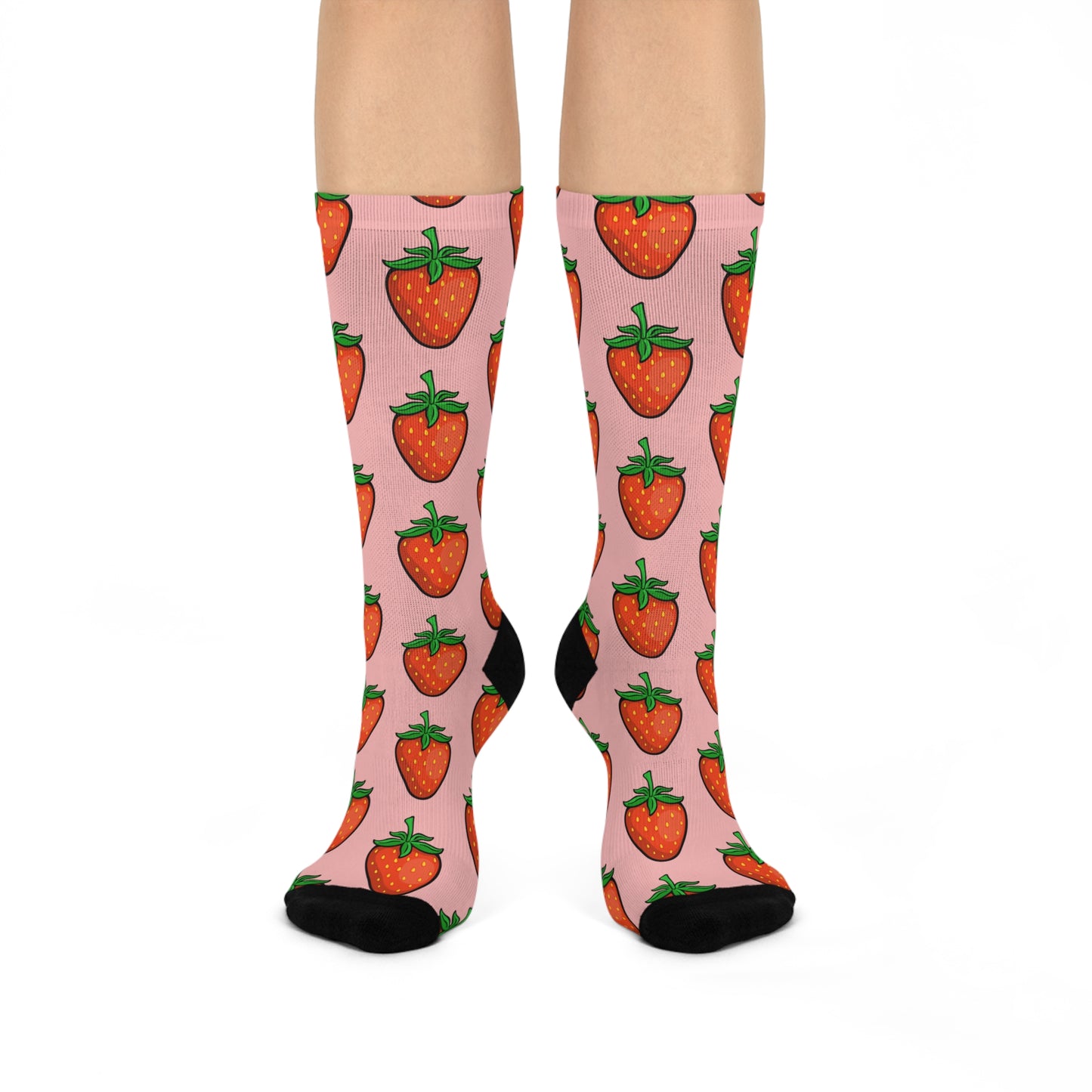 Strawberry Pattern Crew Socks | Pink Strawberries Print Socks, Novelty Fruit Print Footwear Accessories