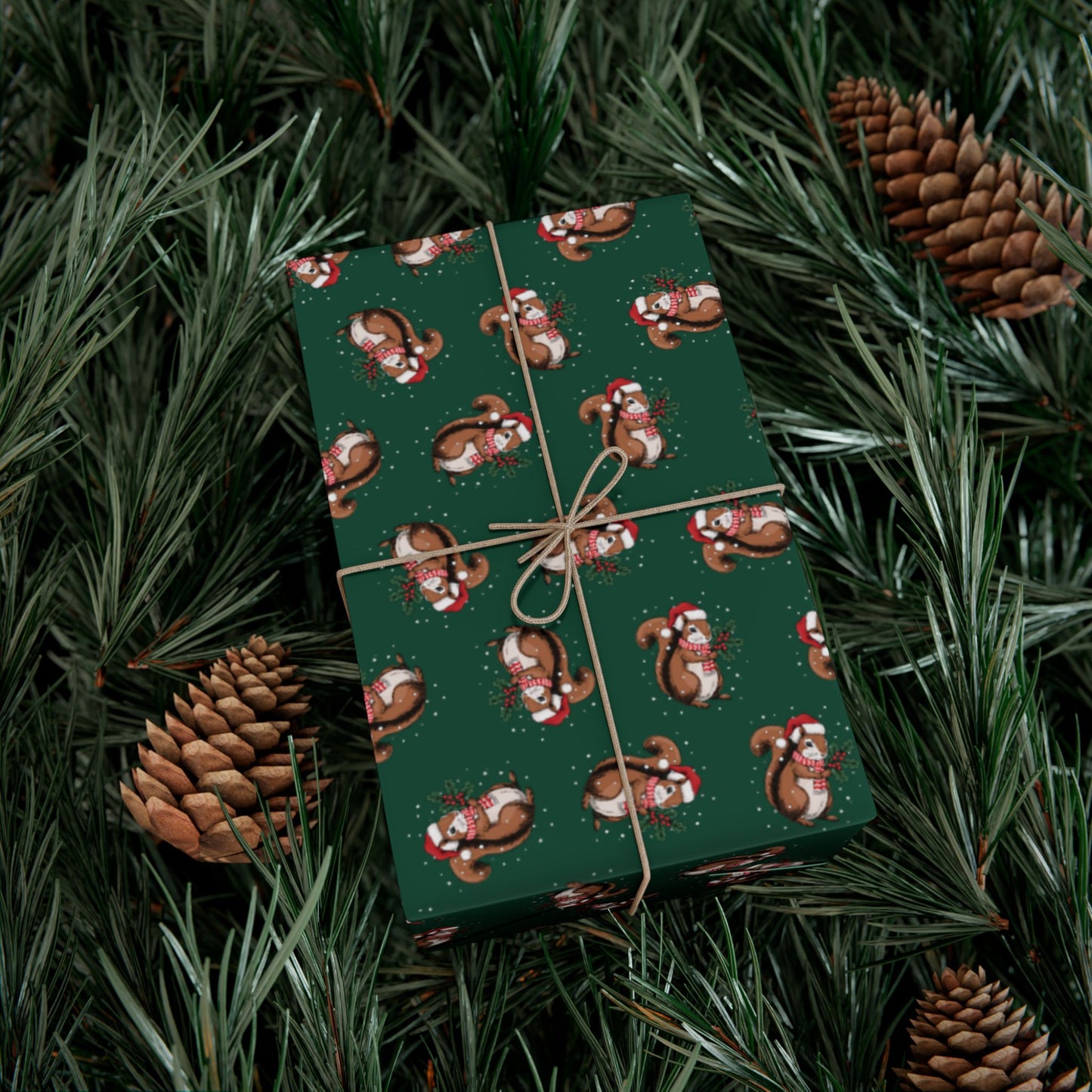Squirrel Christmas Wrapping Paper, Festive Snowy Santa Squirrels Holidays Print, Sage Green Gift Wrap Xmas, Holidays Gifting Supplies
