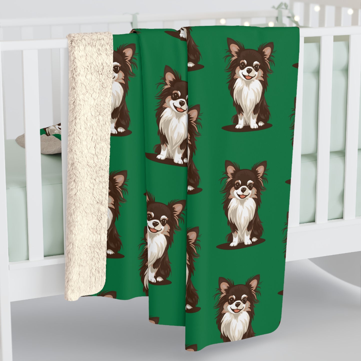 Long Haired Chihuahua Dog Green Sherpa Fleece Blanket Cute Doggy Puppy Print, Green Chihuahuas Pattern Throw Blankets Bedding