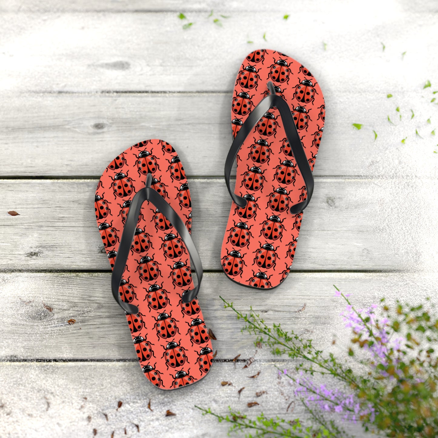 Ladybug Pattern Flip Flops | Red Insect Bug Print Summer Sandals, Ladybugs Beach Pool Footwear