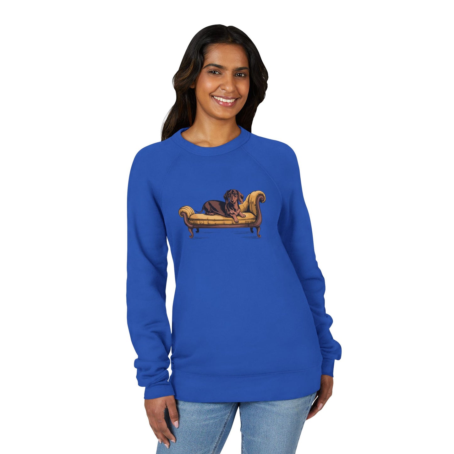 Brown Dachshund Dog on Vintage Chaise Lounge Sweatshirt | Wiener Dogs Design Raglan Fleece Sweatshirts