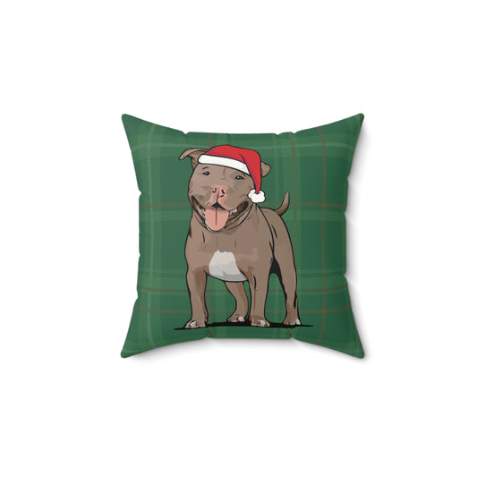 Christmas Pit Bull Dogs Throw Pillow, Brown Pitbull Terrier Dog Holiday Home Decor, Green Faux Suede Plaid Cushion Pillows, Xmas Decorations