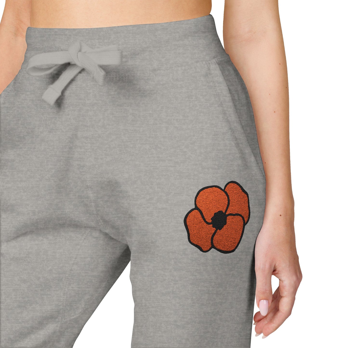 Embroidered Poppy Fleece Sweatpants, Floral Lounge Pants, Casual Flower Joggers, Cozy Embroidery Bottoms, Poppies Botanical Activewear