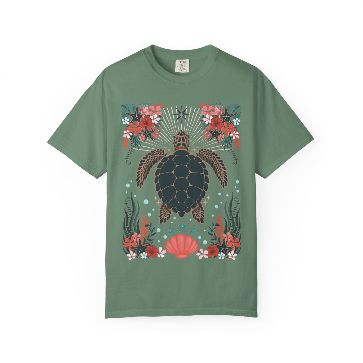 Sea Turtle Floral T-Shirt - Hawaii Coastal Ocean Turtles Tropical Flowers Coral Starfish and Shells Graphic Tee