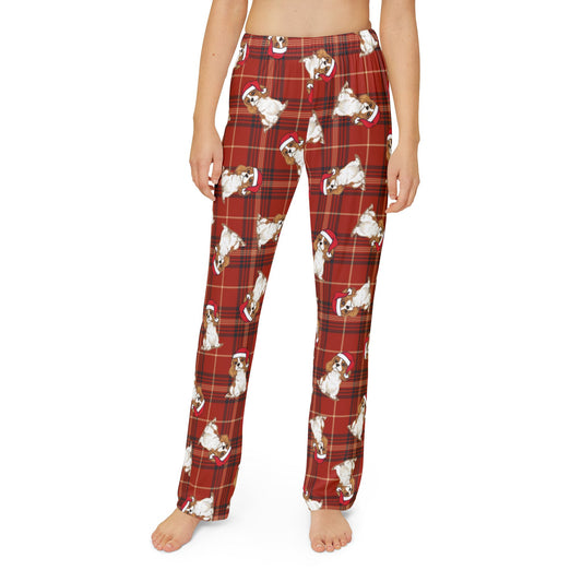 Kids Red Plaid Cavalier King Charles Spaniel Dog Christmas Pajama Pants, Santa Dogs PJ Bottoms, Kid's Holiday Sleepwear