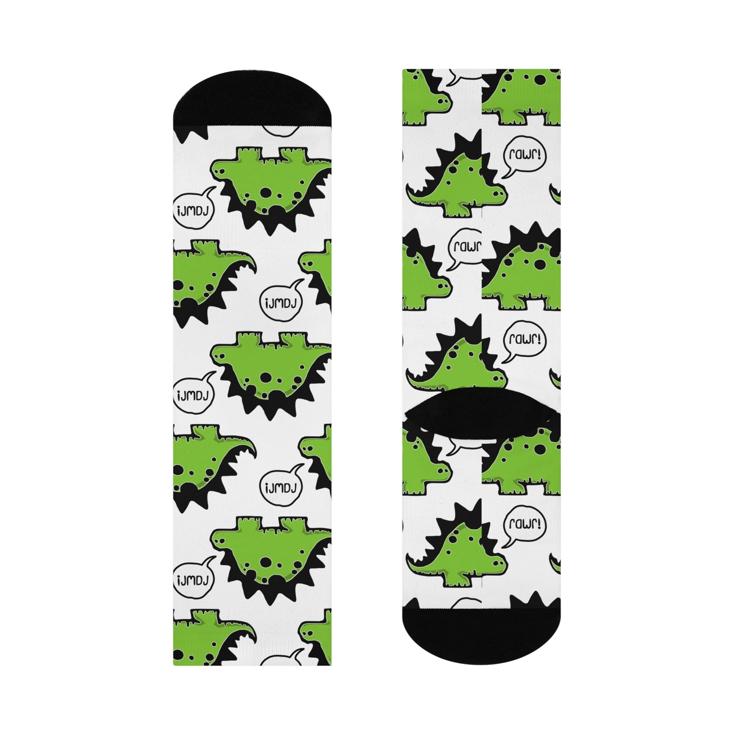 Rawr! Dino Dinosaur Pattern Cushioned Crew Socks One Size Unisex Mens Womens Funny Dinosuar White & Green Socks