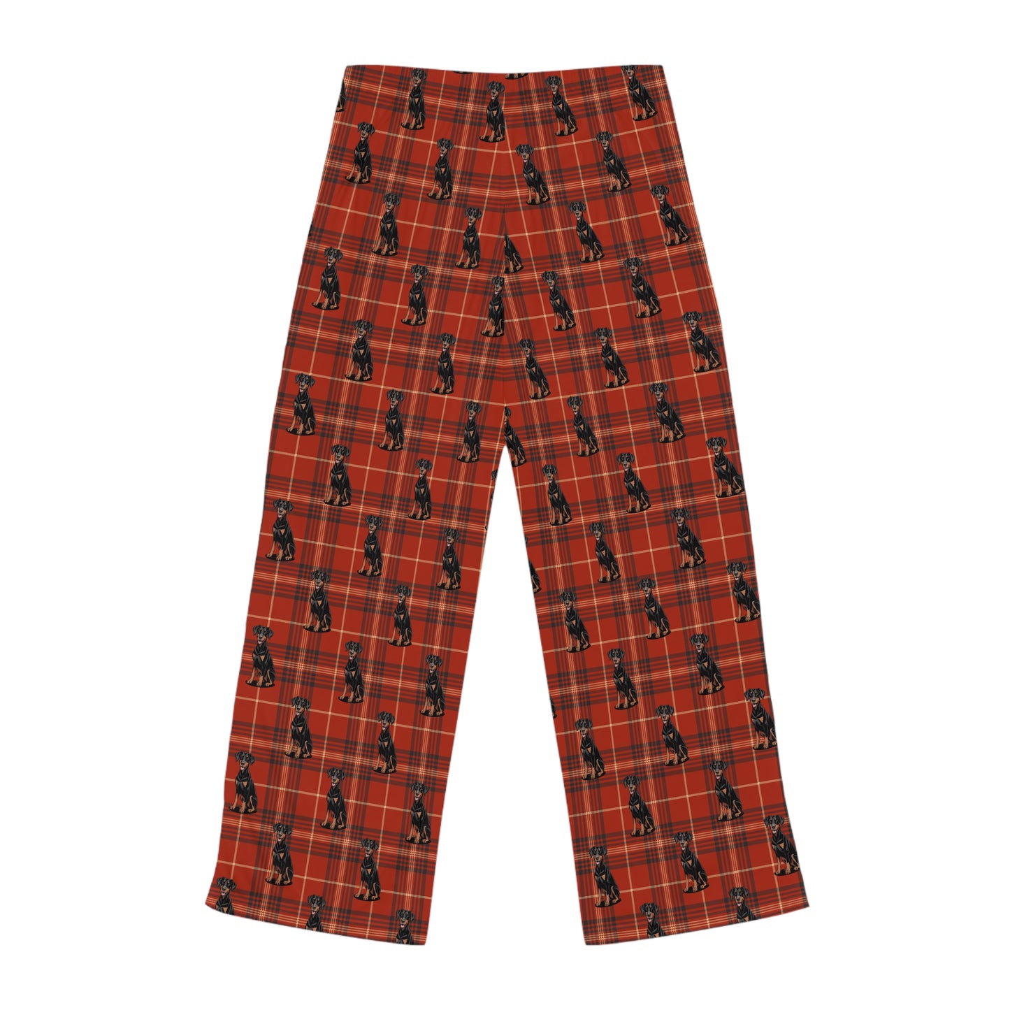Red Plaid Doberman Pinscher Dogs Women's Pajama Pants, Dog Dobermans PJ Bottoms, Winter Loungewear, Christmas Holiday Sleepwear