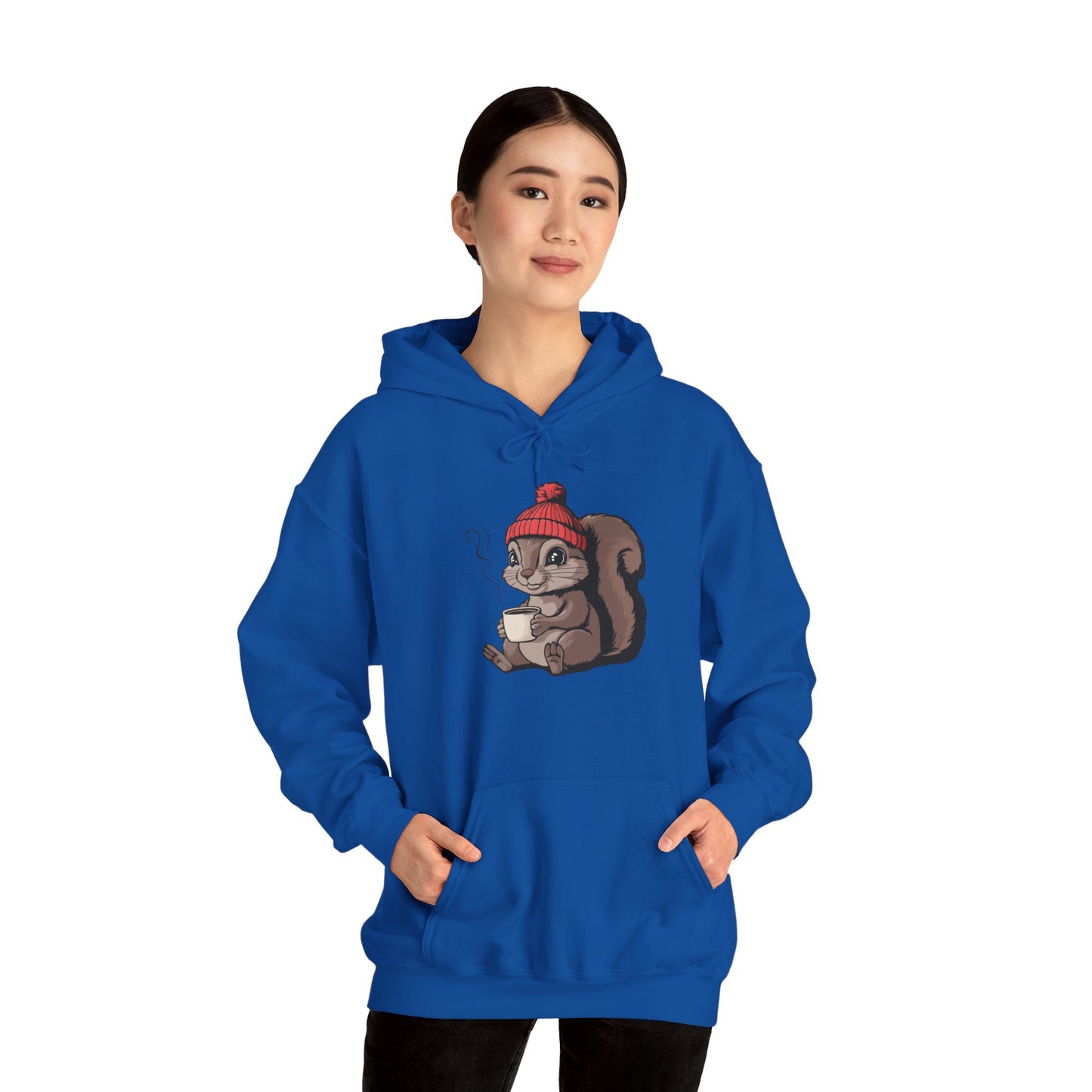 Cozy Squirrel  Pullover Hoodie Unisex Heavy Blend Hooded Sweatshirt with Squirrel in Beanie with Cup Of Coffee Graphic Print