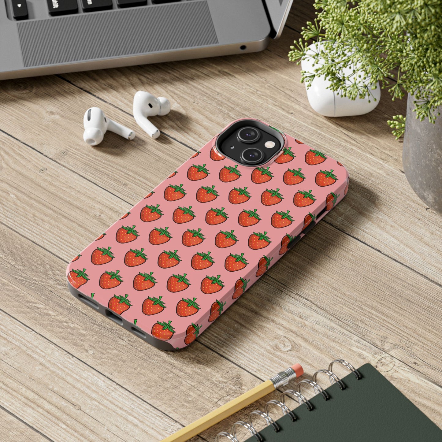 Strawberry Pattern Tough Phone Case, Cute Pink Berry Fruit Strawberries Design Cell Phone Cases