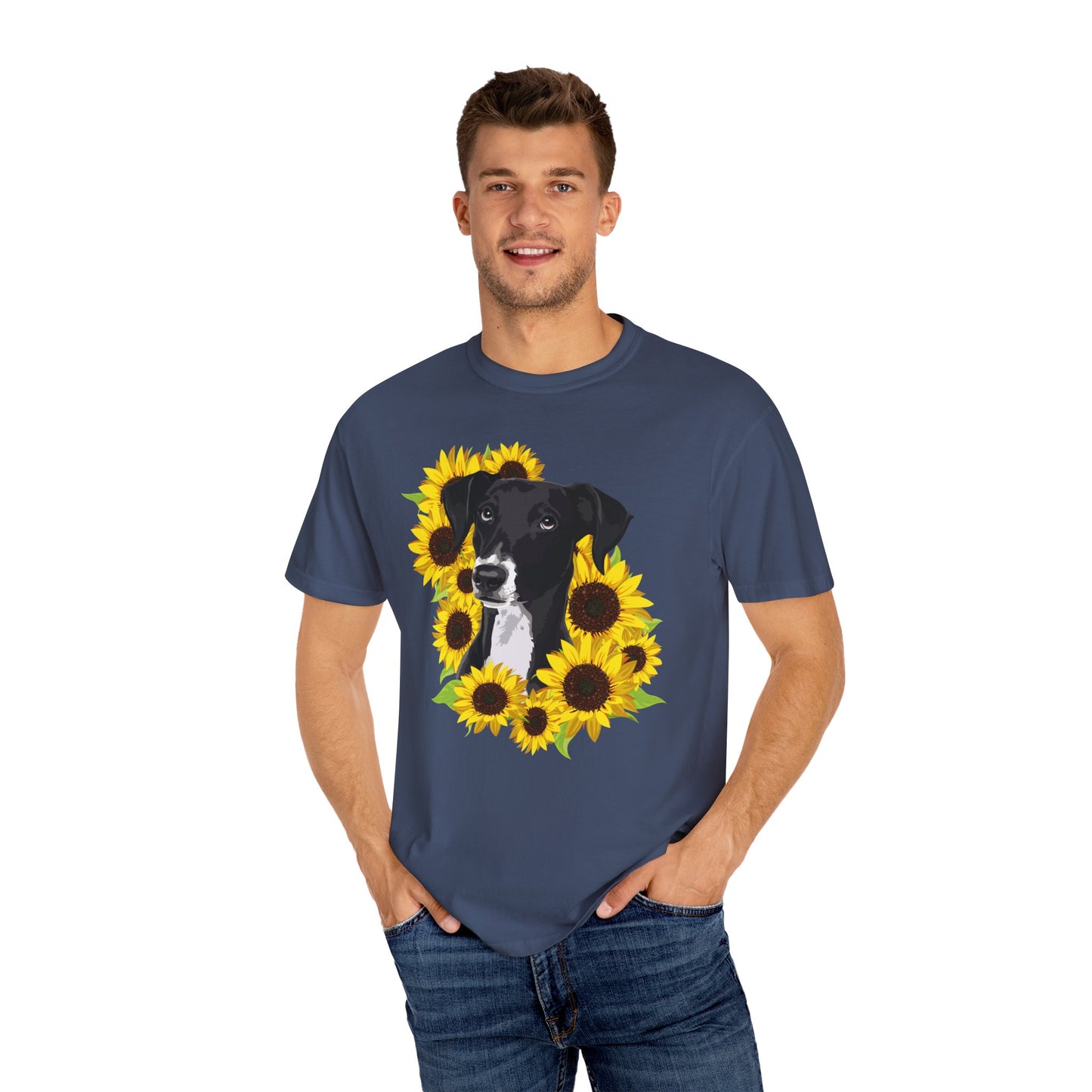 Marley Dog in Sunflowers Garment-Dyed T-shirt with Black Lab and Sunflower Art Print