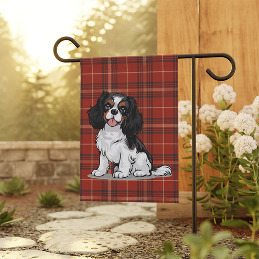 Tricolor Cavalier King Charles Spaniel Red Tartan Plaid Outdoor Garden Banner Flag, Christmas Holiday Yard Decorations