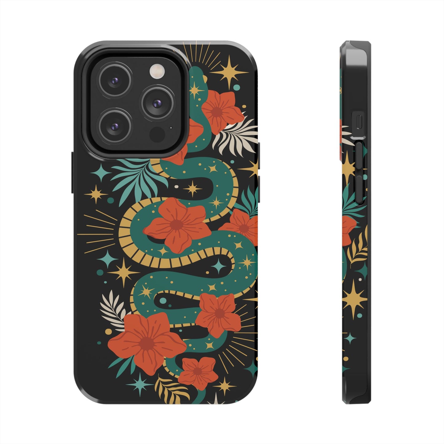 Mystic Snake Cell Phone Case, Black Tough Phone Cases Boho Serpent Snakes Floral Design