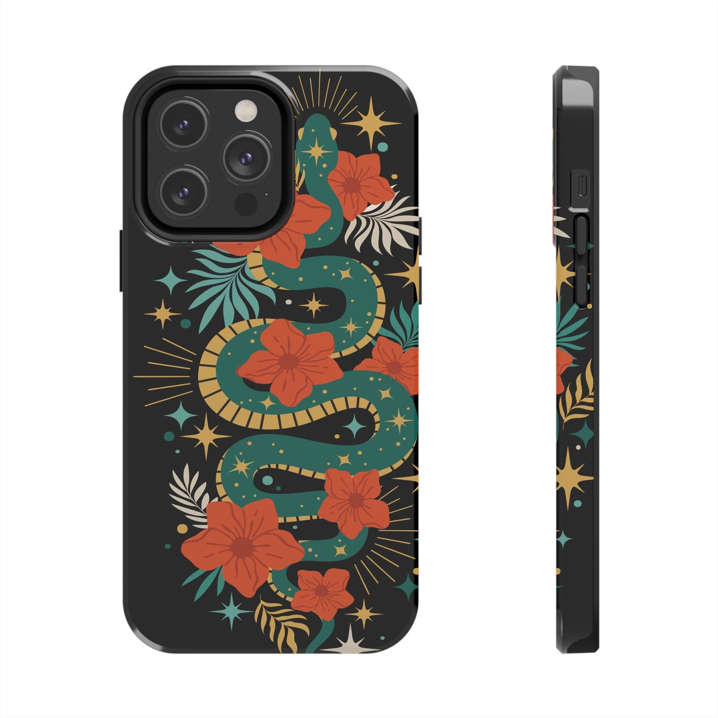 Mystic Snake Cell Phone Case, Black Tough Phone Cases Boho Serpent Snakes Floral Design