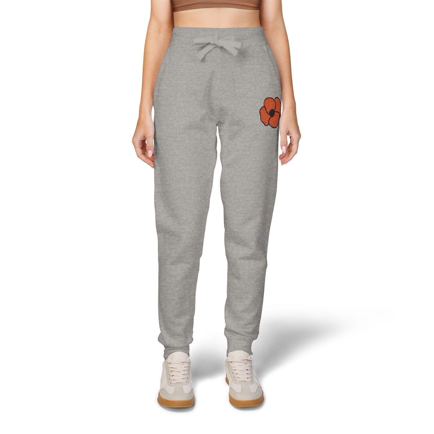 Embroidered Poppy Fleece Sweatpants, Floral Lounge Pants, Casual Flower Joggers, Cozy Embroidery Bottoms, Poppies Botanical Activewear