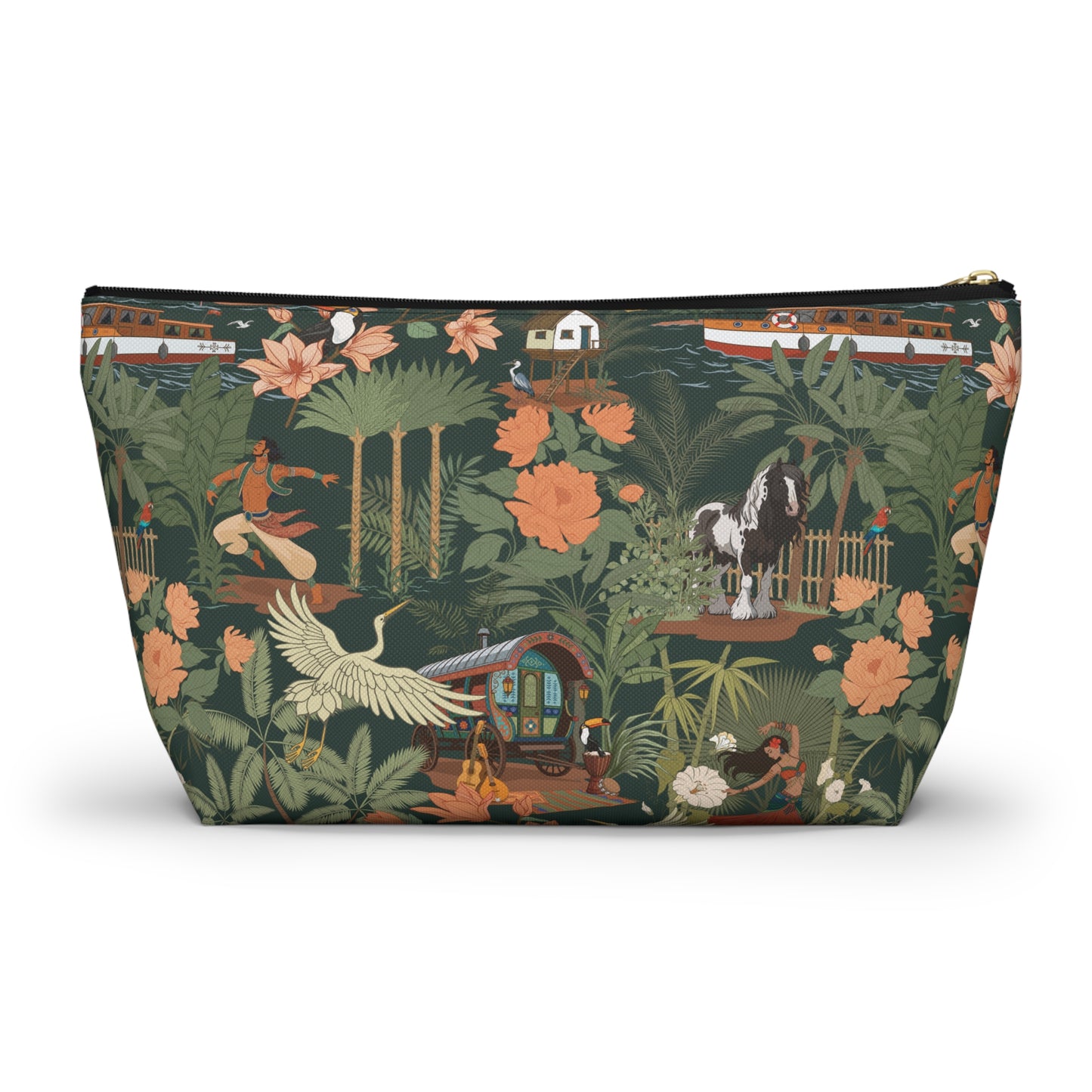 Tropical Nomad Floral Birds Makeup Bag Accessory Pouch, Green Island Palms Travel Cosmetics Zipper Case