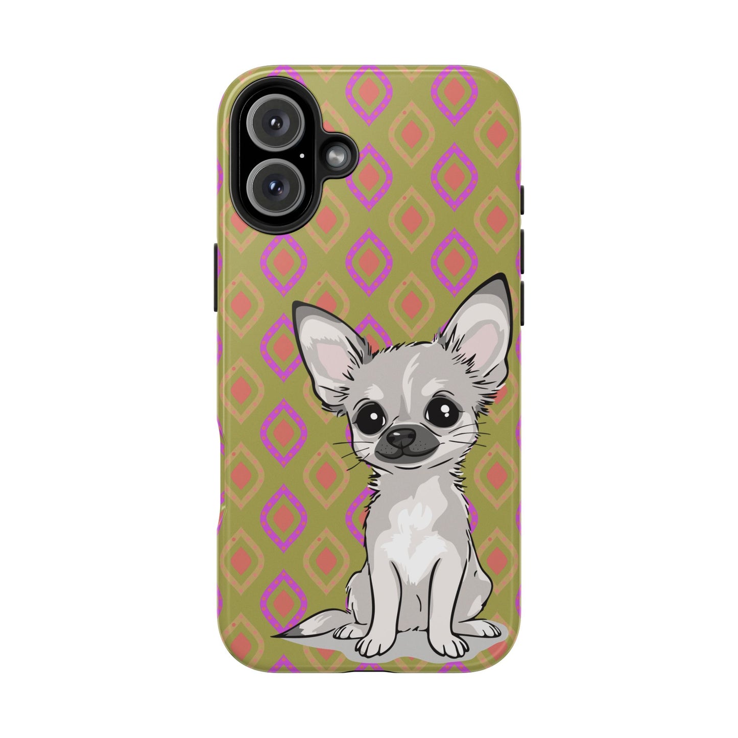 White Chihuahua Puppy Dog Phone Case, Tough Phone Cases Pet Dogs Retro Green  Pattern