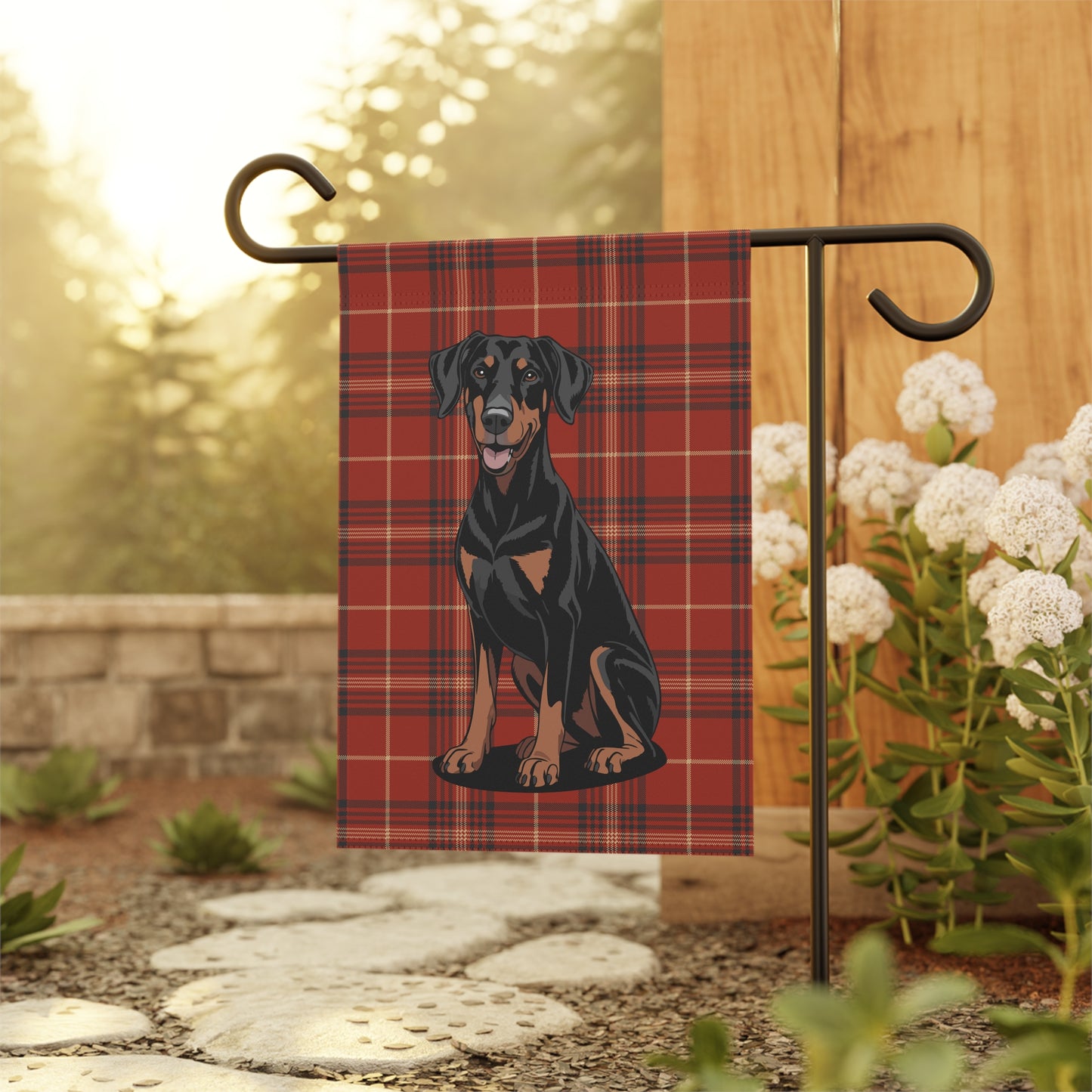 Doberman Pinscher Red Plaid Outdoor Garden Flag, Christmas Holiday Yard Decorations