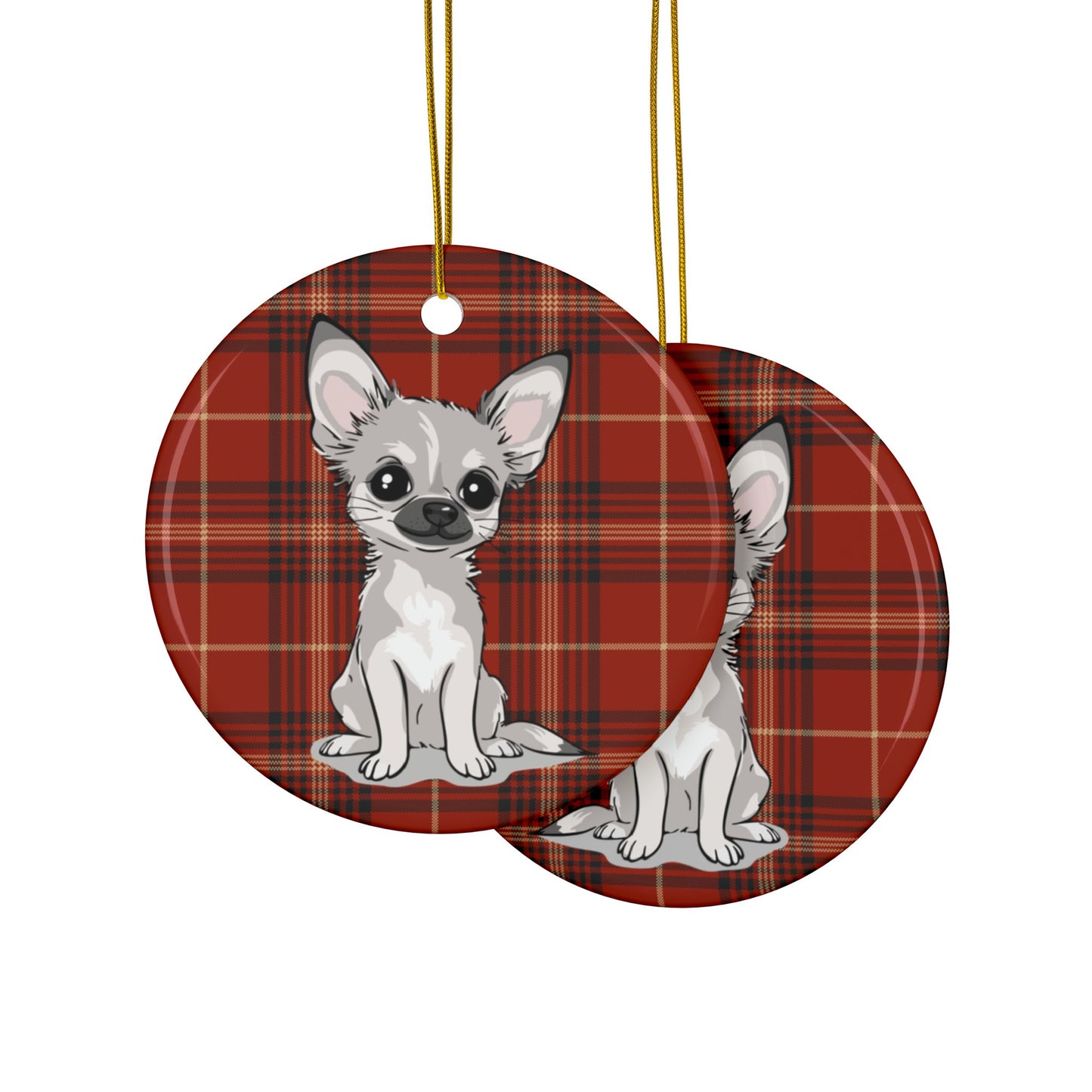 White Chihuahua Puppy Dogs Red Plaid Christmas Tree Ornament, Festive Xmas Holiday Decorations 1, 3, 5, 10 Pack Ornaments