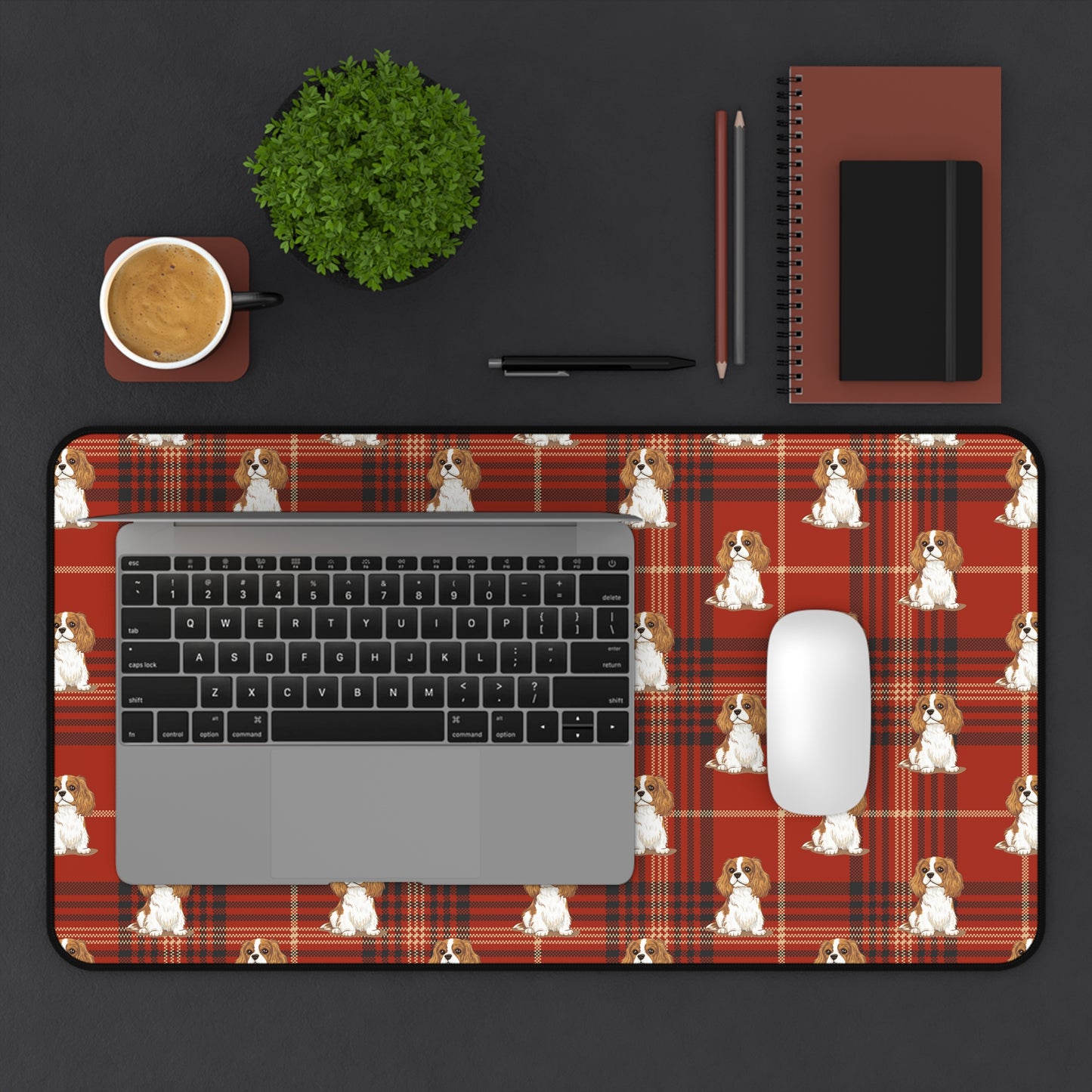 Blenheim Cavalier King Charles Spaniel Dogs Pattern Desk Mat | Red Tartan Plaid Puppy Mouse Pad Surface