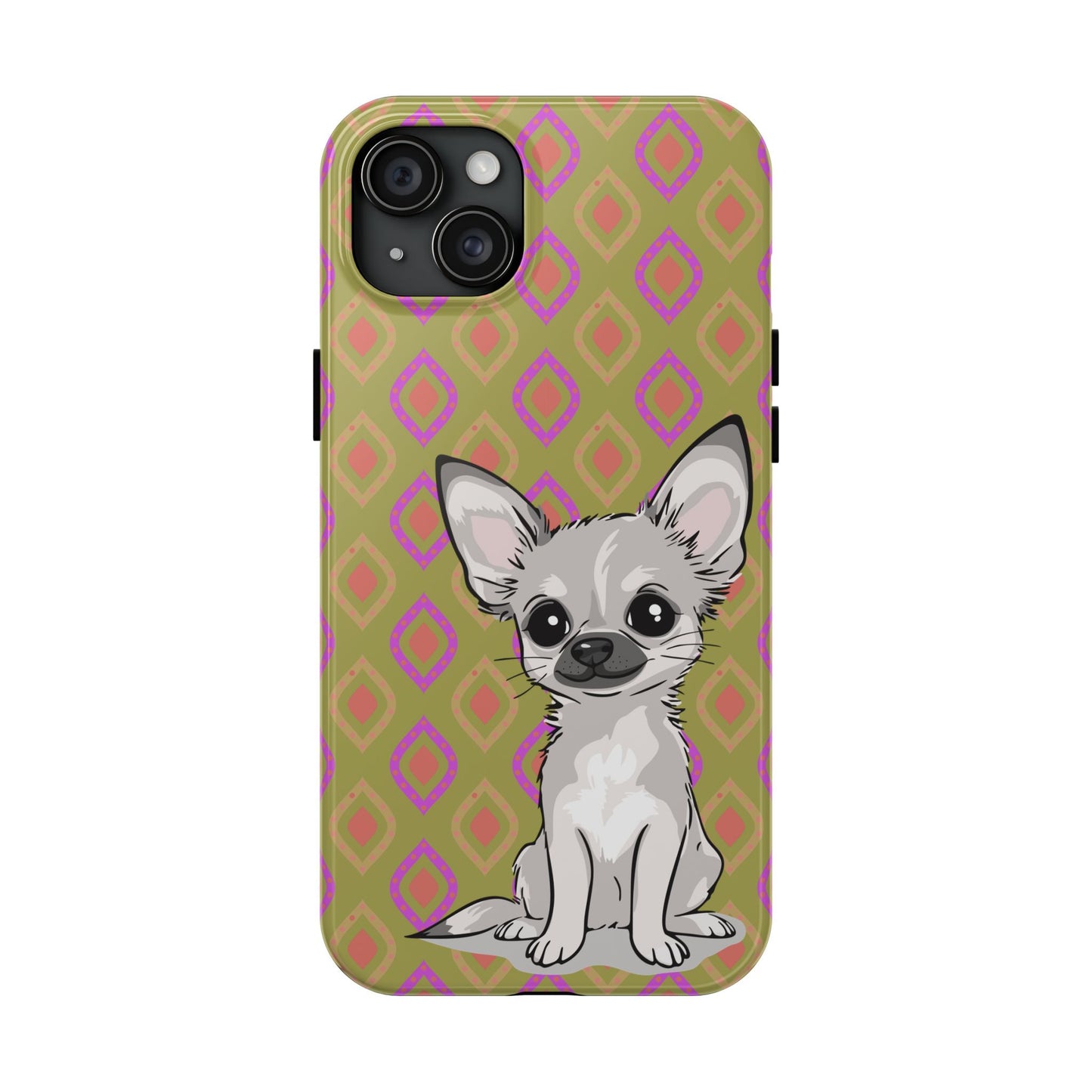 White Chihuahua Puppy Dog Phone Case, Tough Phone Cases Pet Dogs Retro Green  Pattern