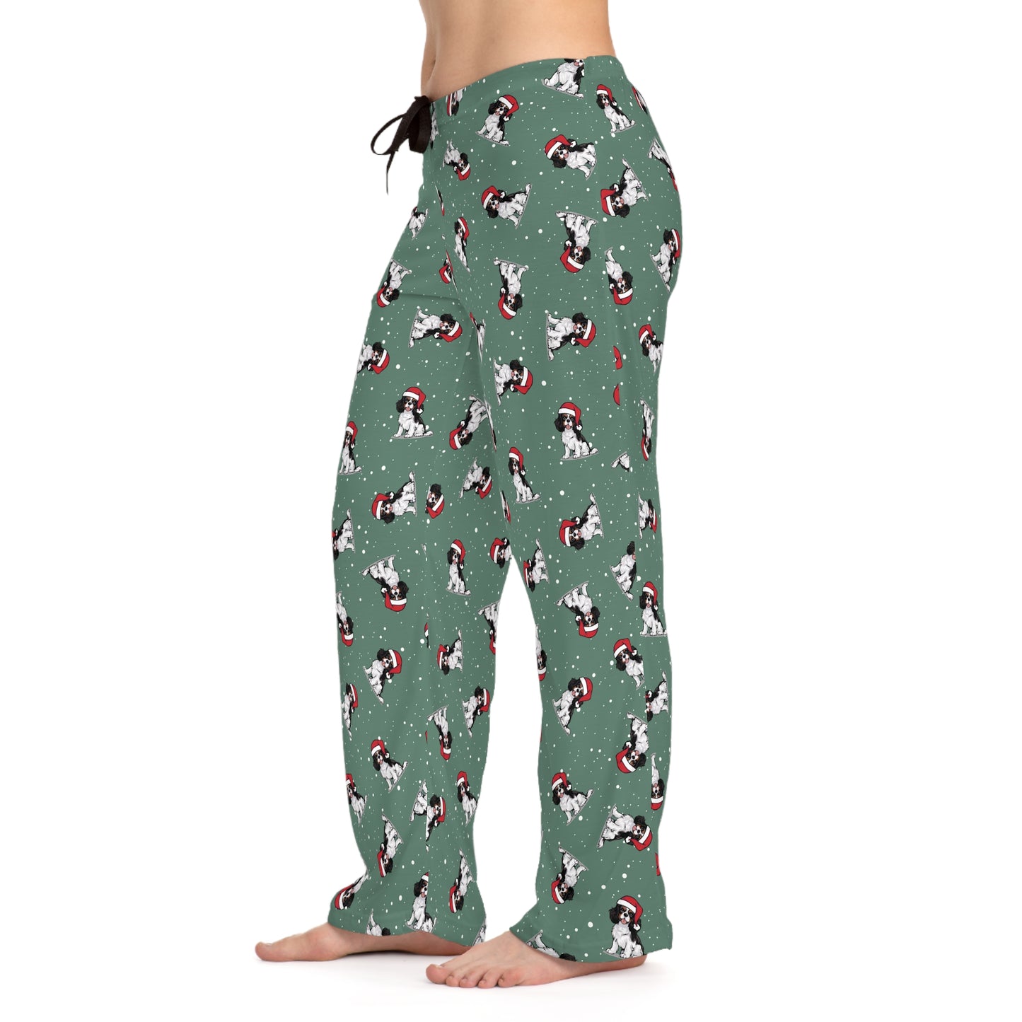 Christmas Cavalier King Charles Spaniel Dog Women's Pajama Pants, Holiday Xmas Dogs In Santa Hat Drawstring Pajamas, Winter Pajama Bottoms