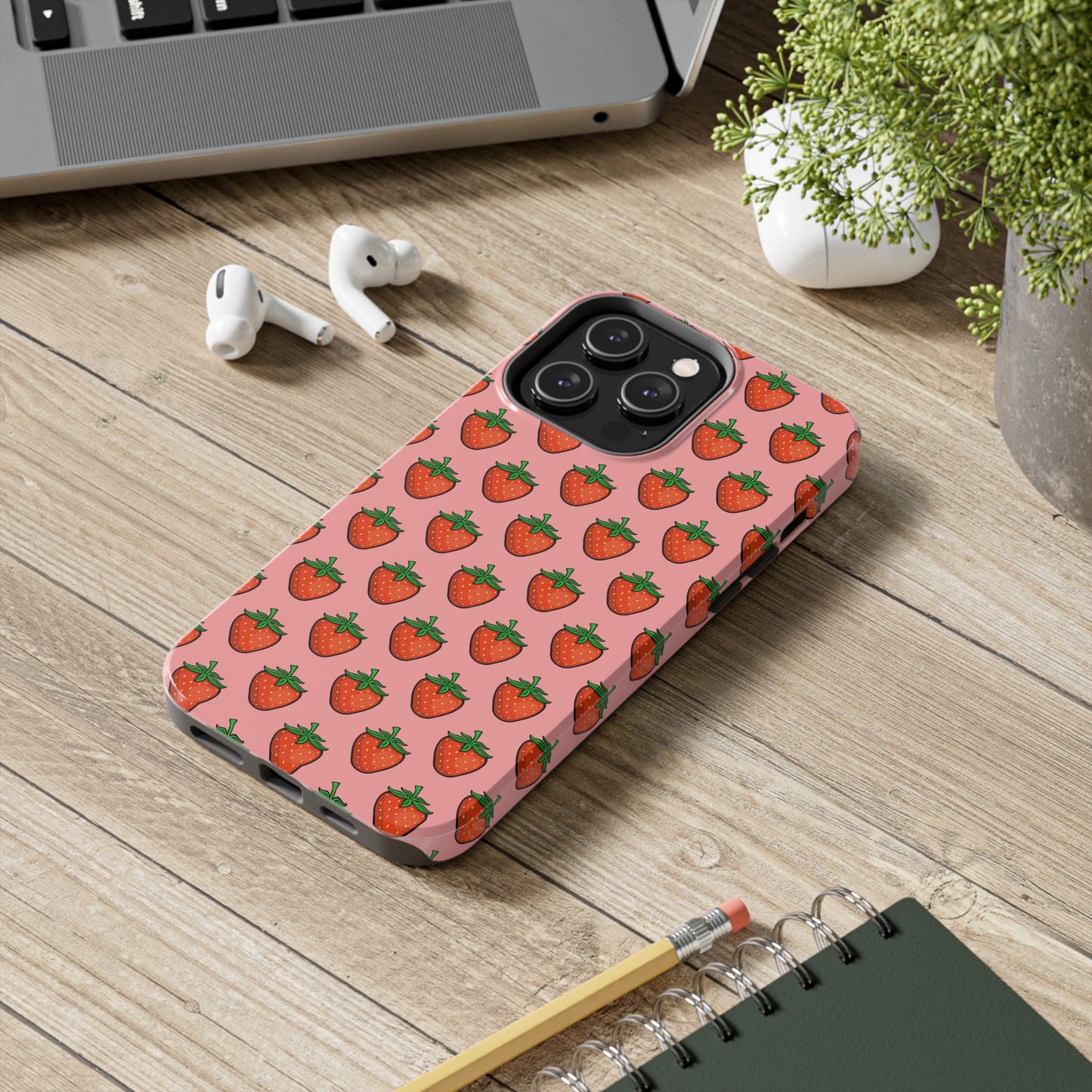 Strawberry Pattern Tough Phone Case, Cute Pink Berry Fruit Strawberries Design Cell Phone Cases