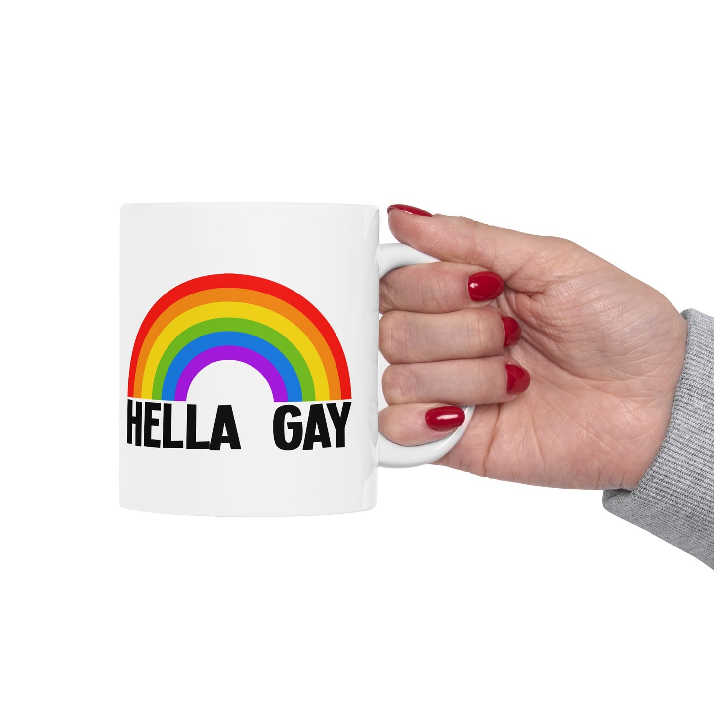 Hella Gay Rainbow Pride White Ceramic Coffee Tea Mug, (11oz, 15oz) Gift for LGBTQIA+