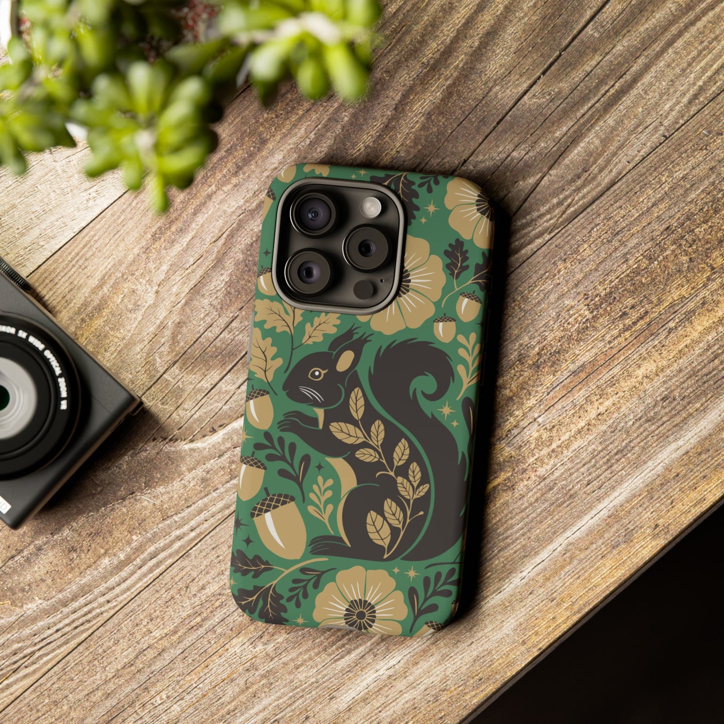 Green Squirrel Floral Pattern Cell Phone Case | Botanical Folk Art Acorn Leaves Design, Iphone Google Pixel Samsung Cases Matte Finish