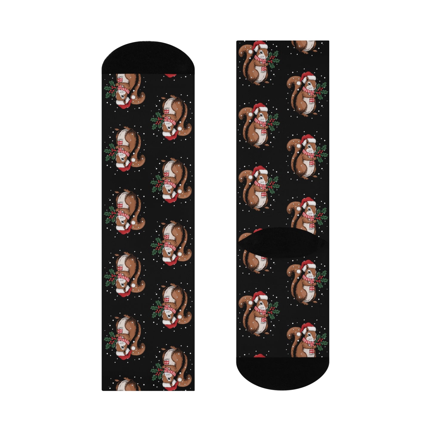 Santa Squirrel Novelty Socks, Festive Holiday Squirrels Cushioned Crew Novelty Socks, Black Cozy Christmas Winter Accessories