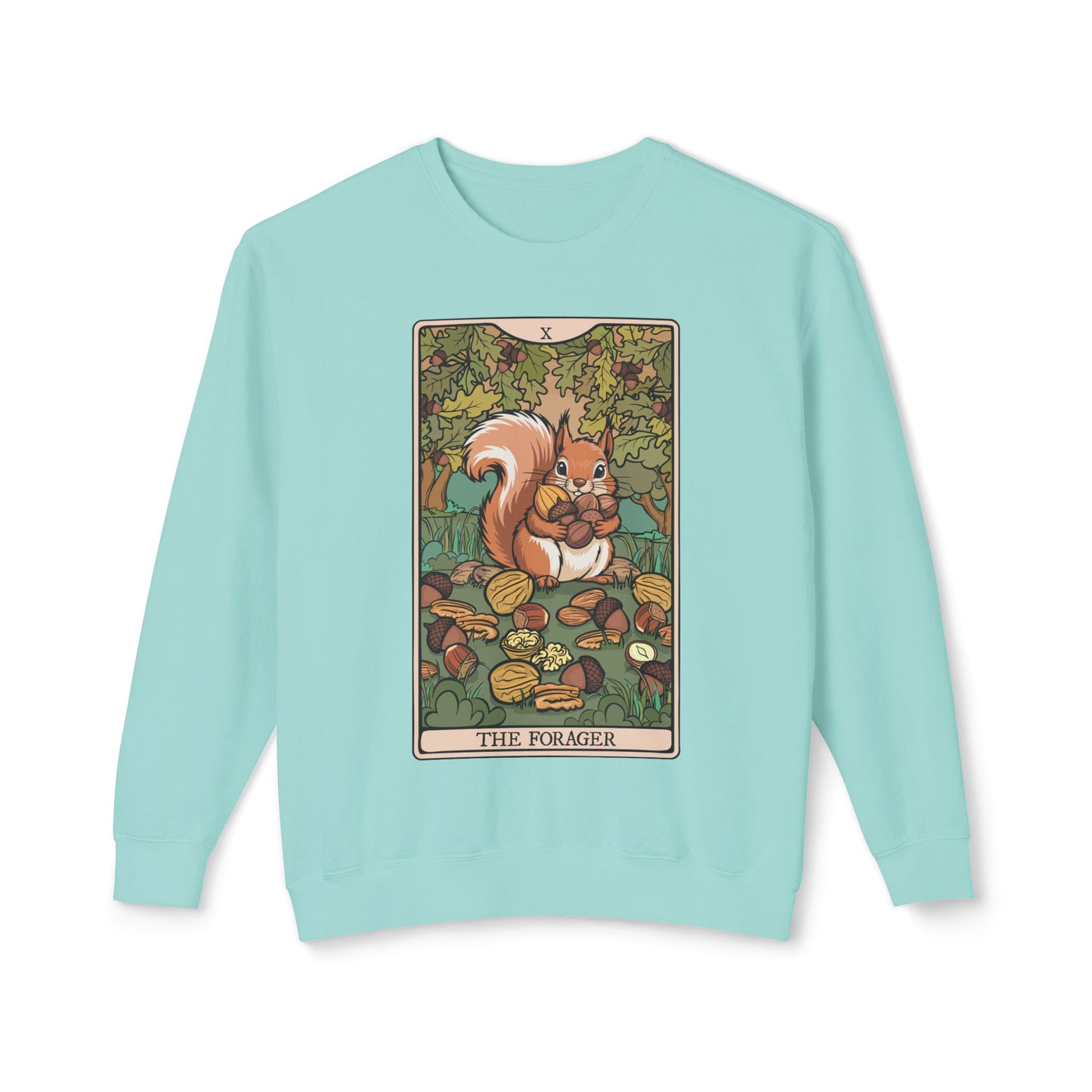 The Forager Squirrel Crewneck Sweatshirt | Autumn Woodland Tarot Card Squirrels and Nuts Illustration, Fall Lightweight Sweatshirts