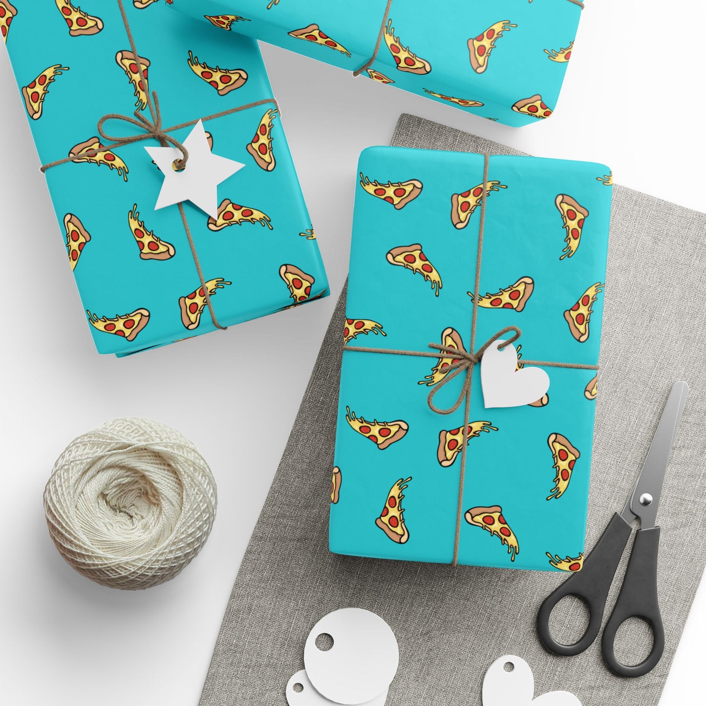 Pizza Slice Pattern Wrapping Paper, Turquoise Cheesy Pepperoni Pizzas Gift Wrap Roll, Fun Silly Novelty Birthday Holiday Gifts