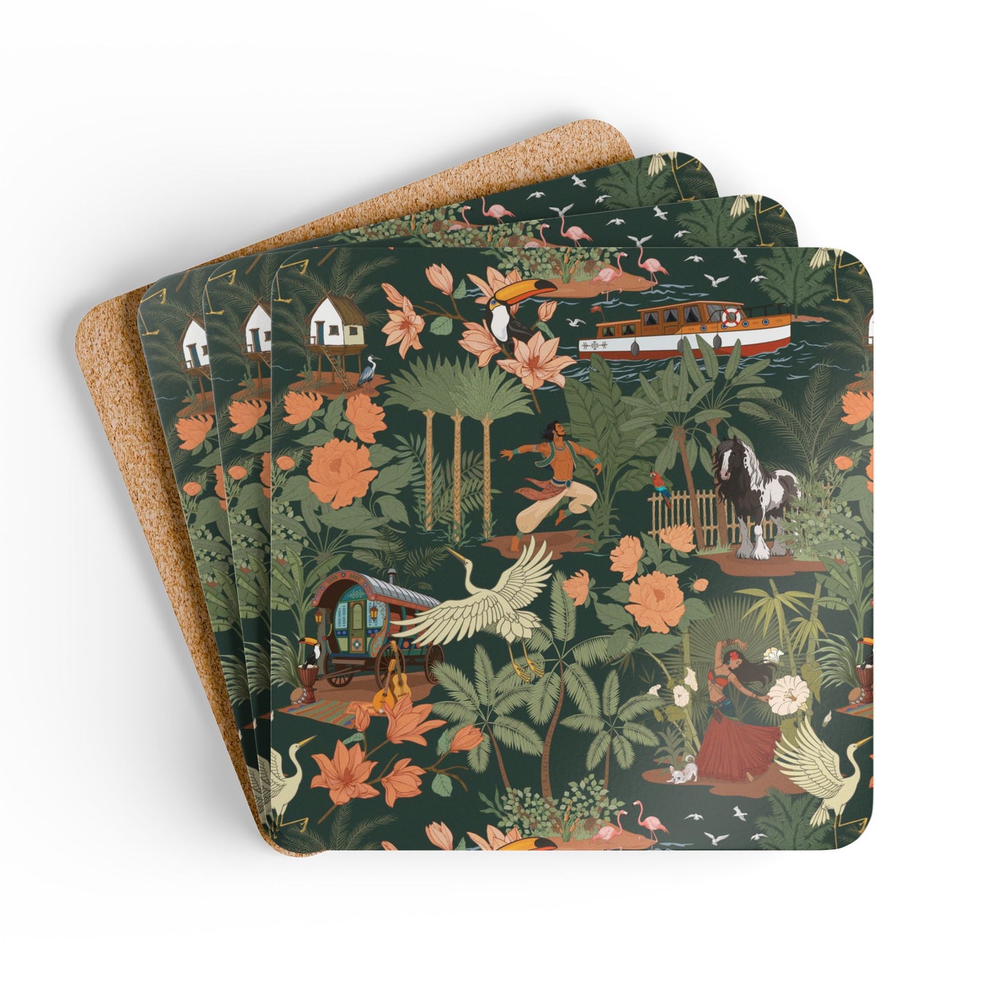 Tropical Nomad Jungle Pattern Cork Coaster Set | 4 Piece Palm Leaves, Birds, Floral Coasters, Island Drinkware