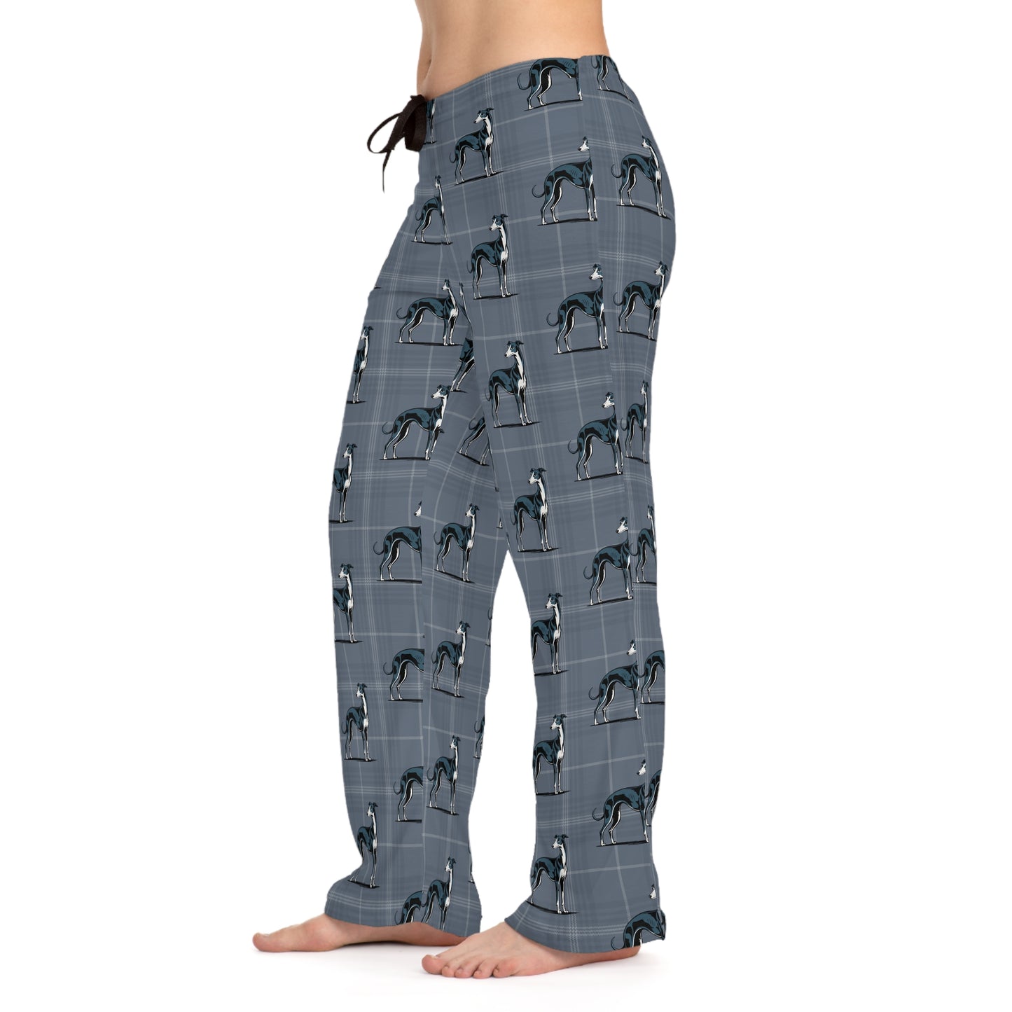 Greyhound Dogs Pajama Pants | Women's Blue-Grey Plaid Dog Print Lounge Pajamas PJ Bottoms, Loungewear Sleepwear