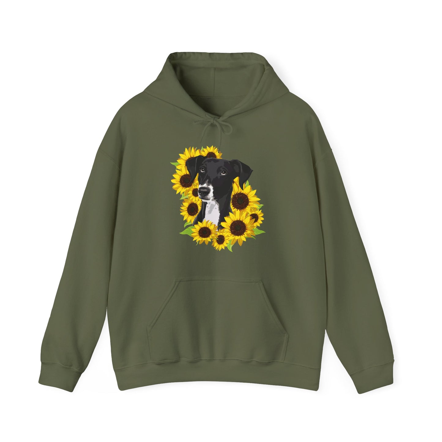 Marley Dog in Sunflowers Pullover Hoodie Hooded Sweatshirt with Black Lab Dog with Sunflower Art Print